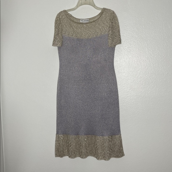 St John Evening Knit Lilac Mesh Short Sleeve Crystals Detail Knee-Length Dress 8 - Picture 1 of 7